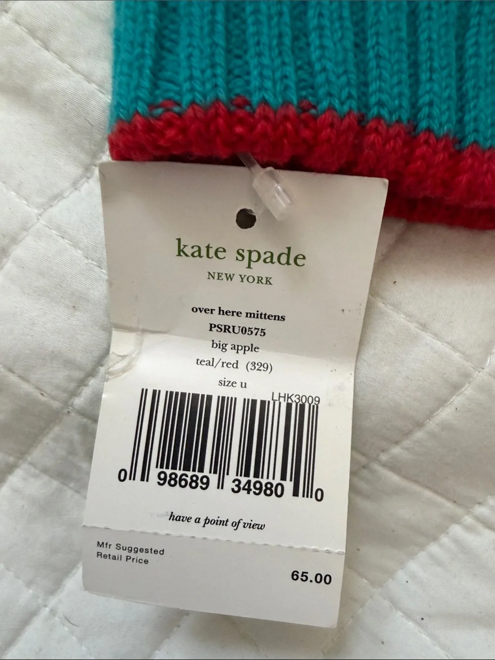 kate spade Teal Mittens with Red logo trim